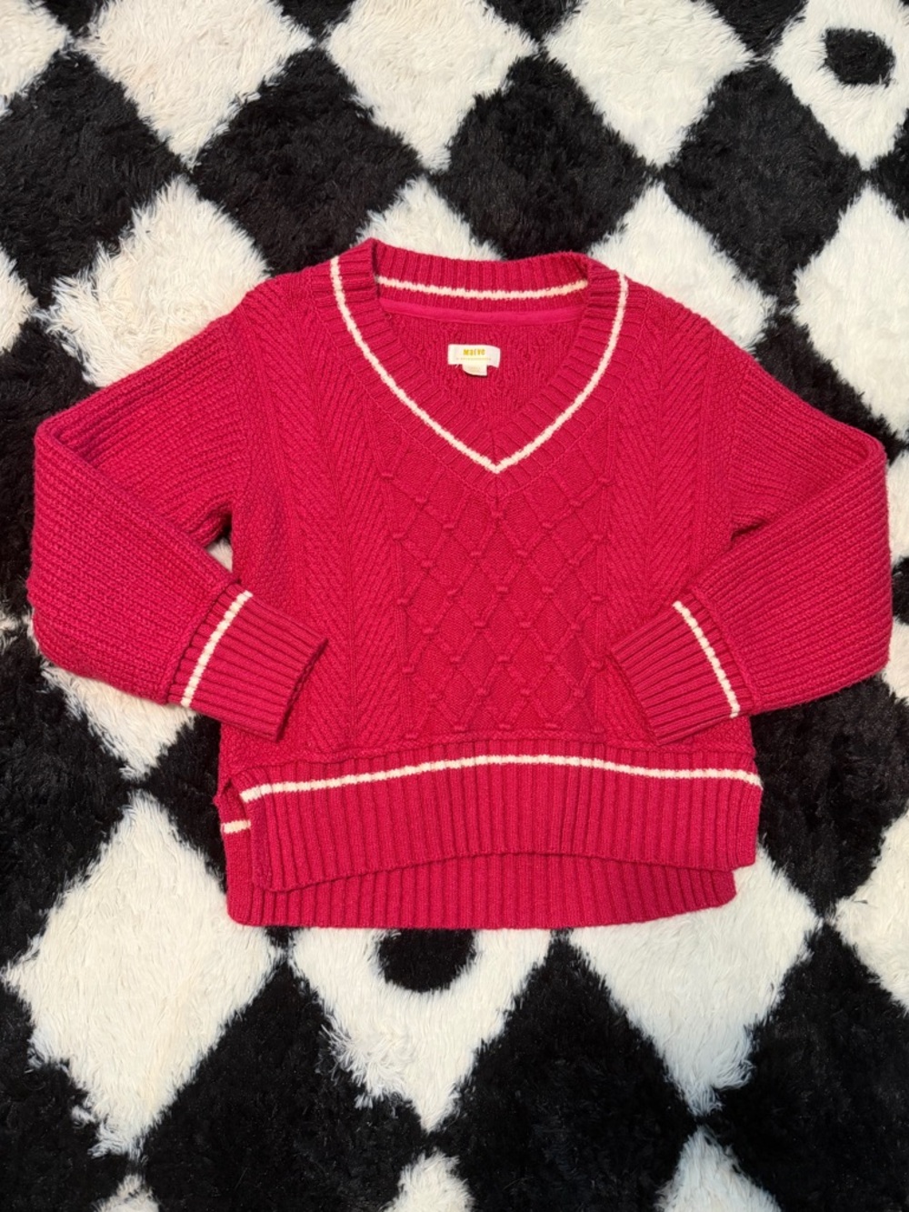 Anthropologie Hot Pink V-Neck Cable Knit Sweater with White Trim